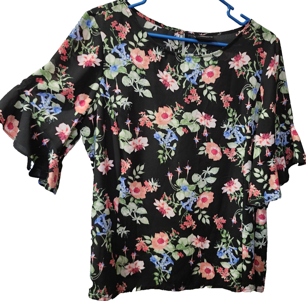 Liz Claiborne woman's size large black blouse with pink blue green floral design