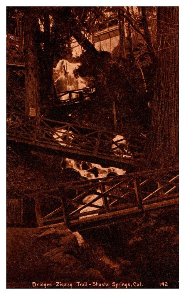 c1910 Bridges Zigzag Trail Shasta Springs California Vintage Postcard