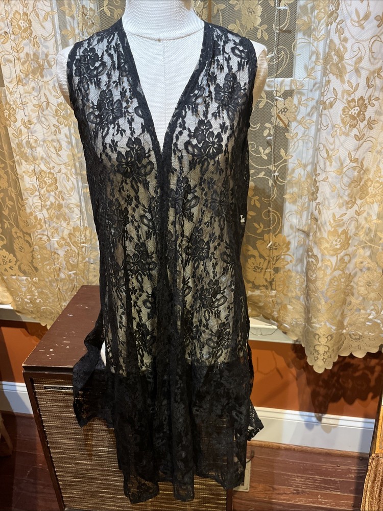 LulaRoe Black Lace Duster Vest Small Open Front Sheer Whimsigoth Romantic Fairy