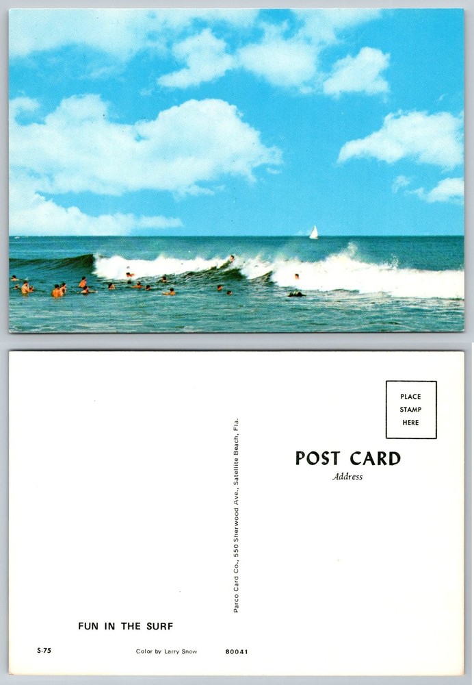 Vintage Satellite Beach FL Postcard Fun in the Surf Ocean Waves People Sailboat