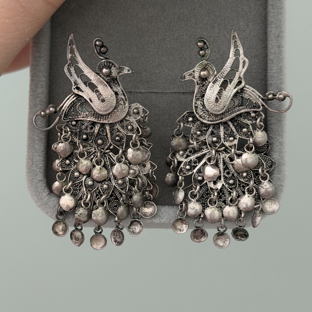 Vintage 925 Sterling Silver Filigree Peacock Bird Earrings