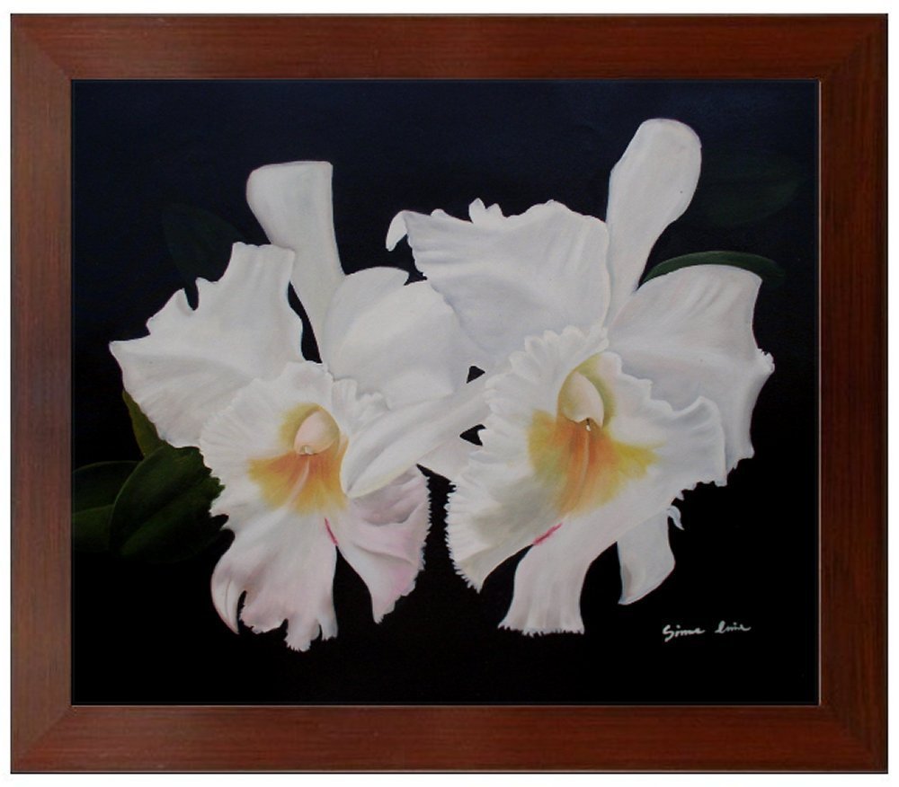 Contemporary Framed Hand Painted Oil Painting, Two White Orchids, 20x24in