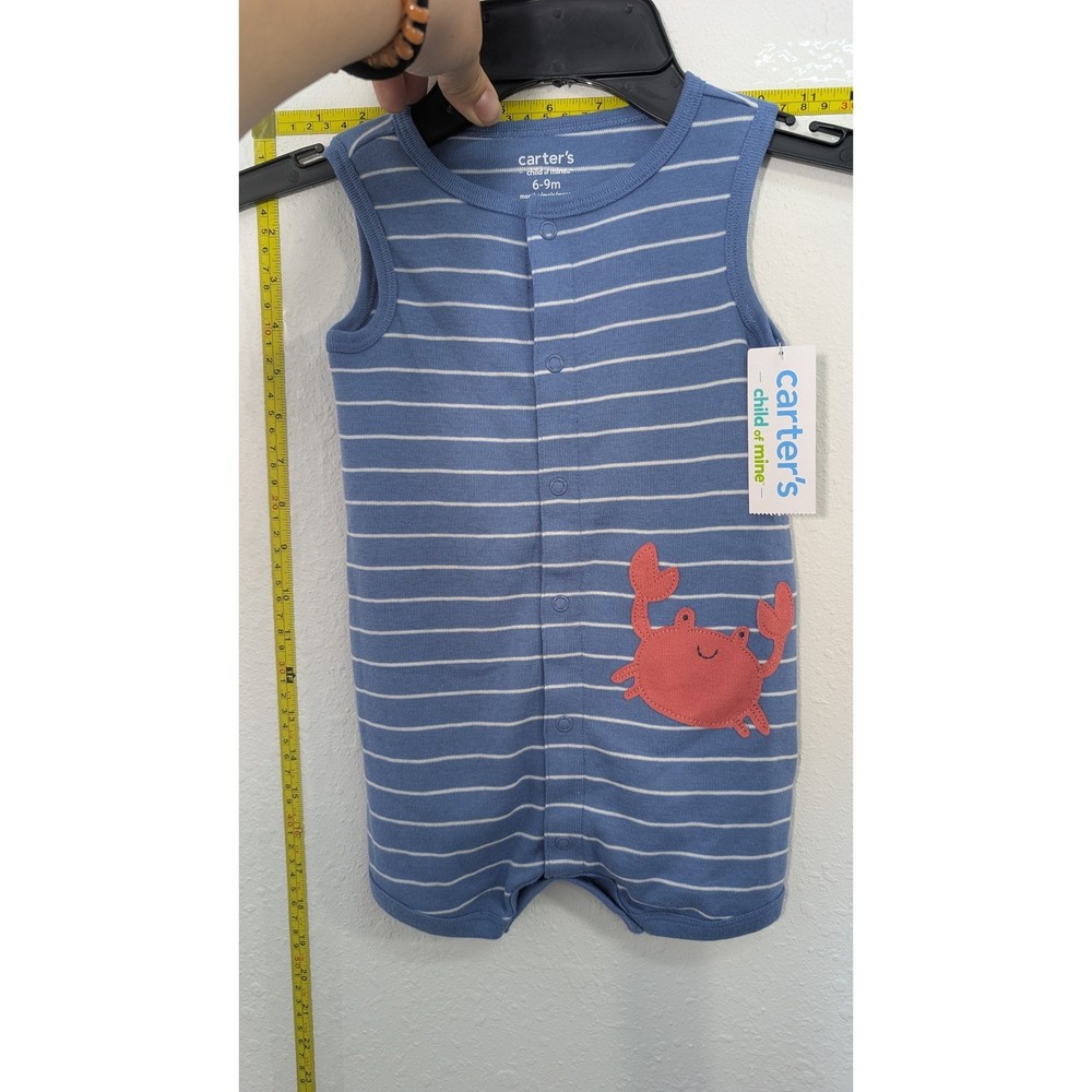 Carters Child of Mine Baby Boys Blue Striped Crab Romper Sleeveless 6-9 Months