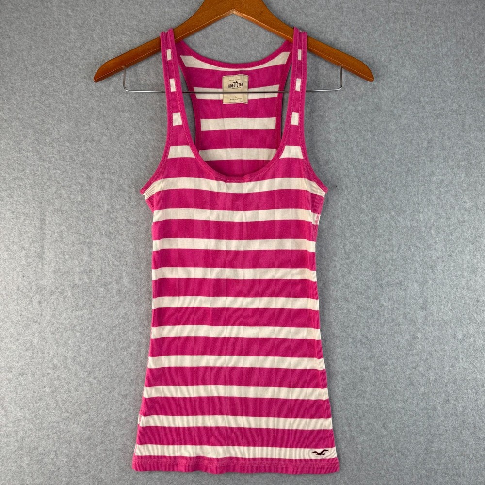 Y2K Vintage Hollister Pink And White Stripped Tank Top Scoop Neck Size L Cotton