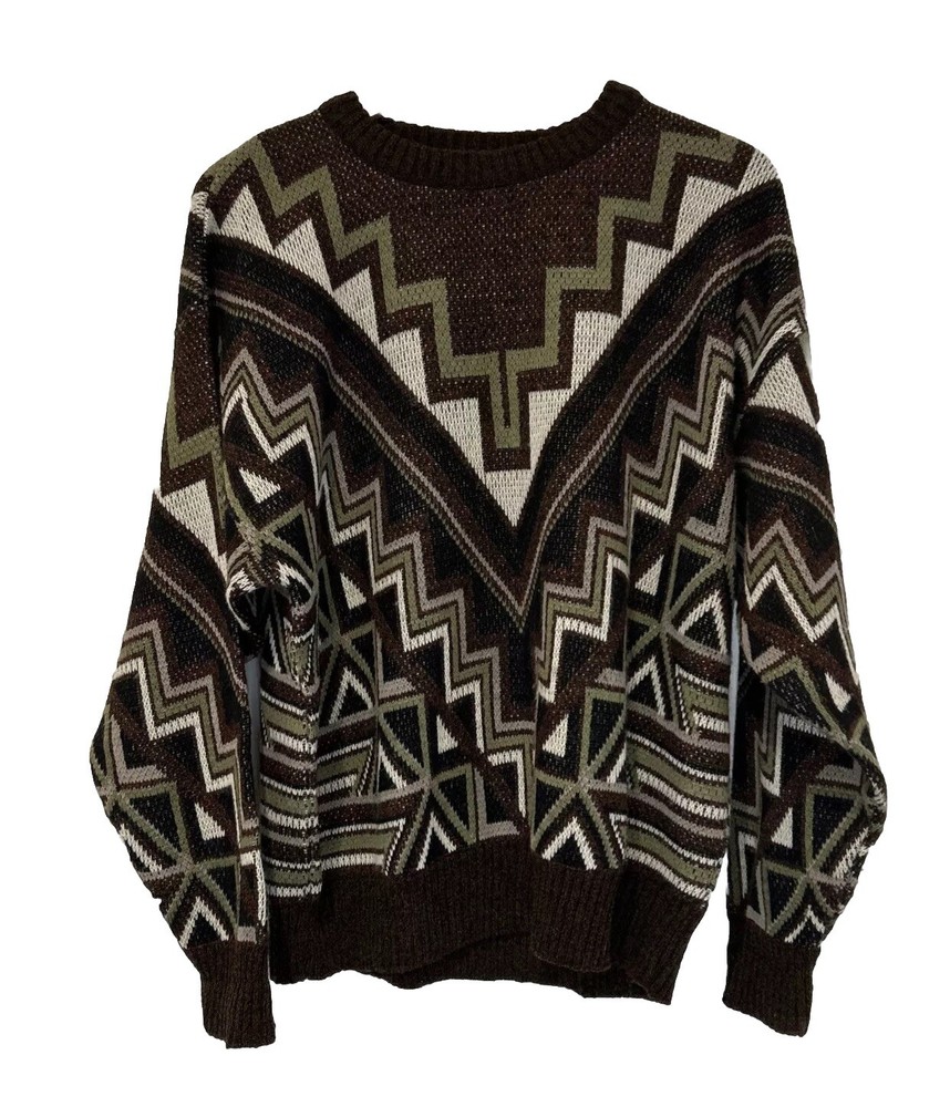 Vintage 90s London Fog Men’s Brown Wool Blend Aztec Slouchy Grandpa Sweater