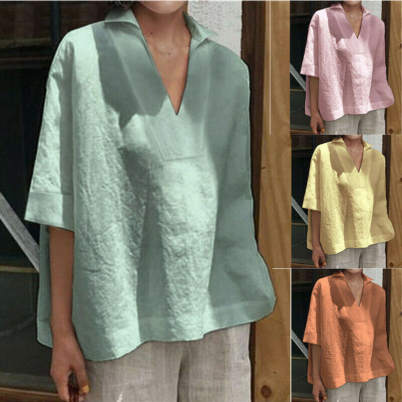 Ladies Baggy Cotton Linen T-Shirt Casual Plus Size Top