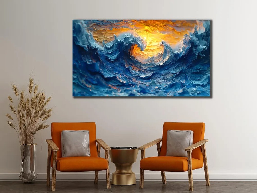 Ocean Waves Abstract Blue Gold Paint Wall Art Canvas Unframed Print Art