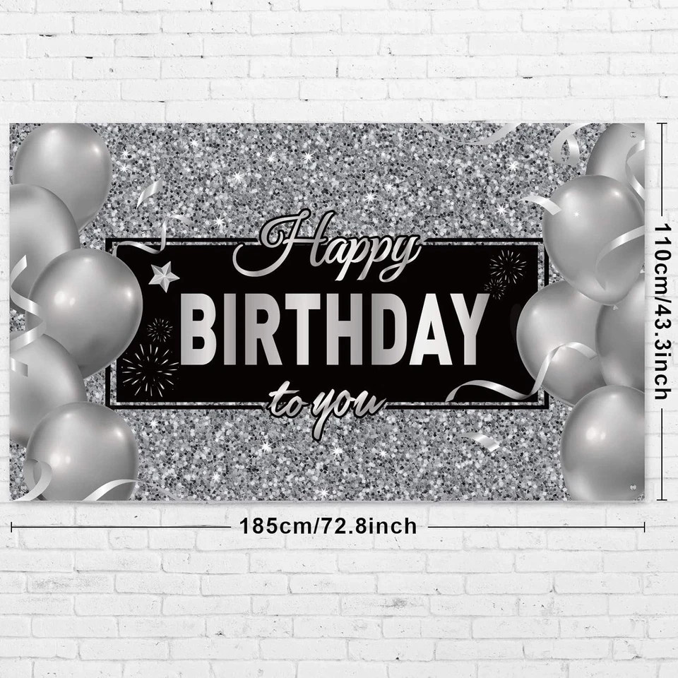 Black Silver Happy Birthday Banner Backdrop Party Decoration for Men Women Birth