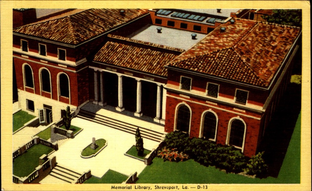 Memorial Library ~ Shreveport Louisiana ~ unused 1940s linen postcard