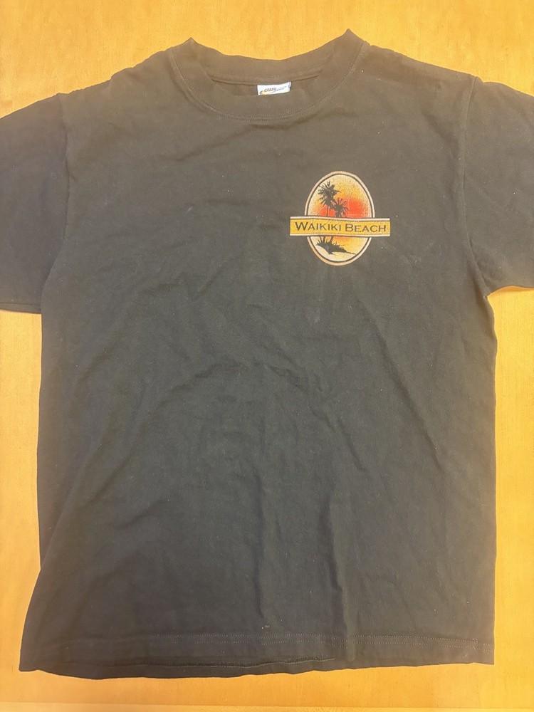 Waikiki Beach Hawaii Graphic T Shirt Black Small Surf Canoe Aloha Tourist Tee