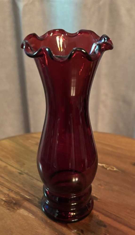 Vintage Hand Blown, Ruby Red Glass Vase, Ruffled Top, 5.75