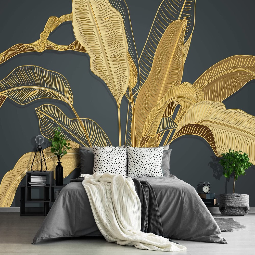 - Black and Gold Banana Leaf Wallpaper Tropical Botanical Plant Floral Wall M...