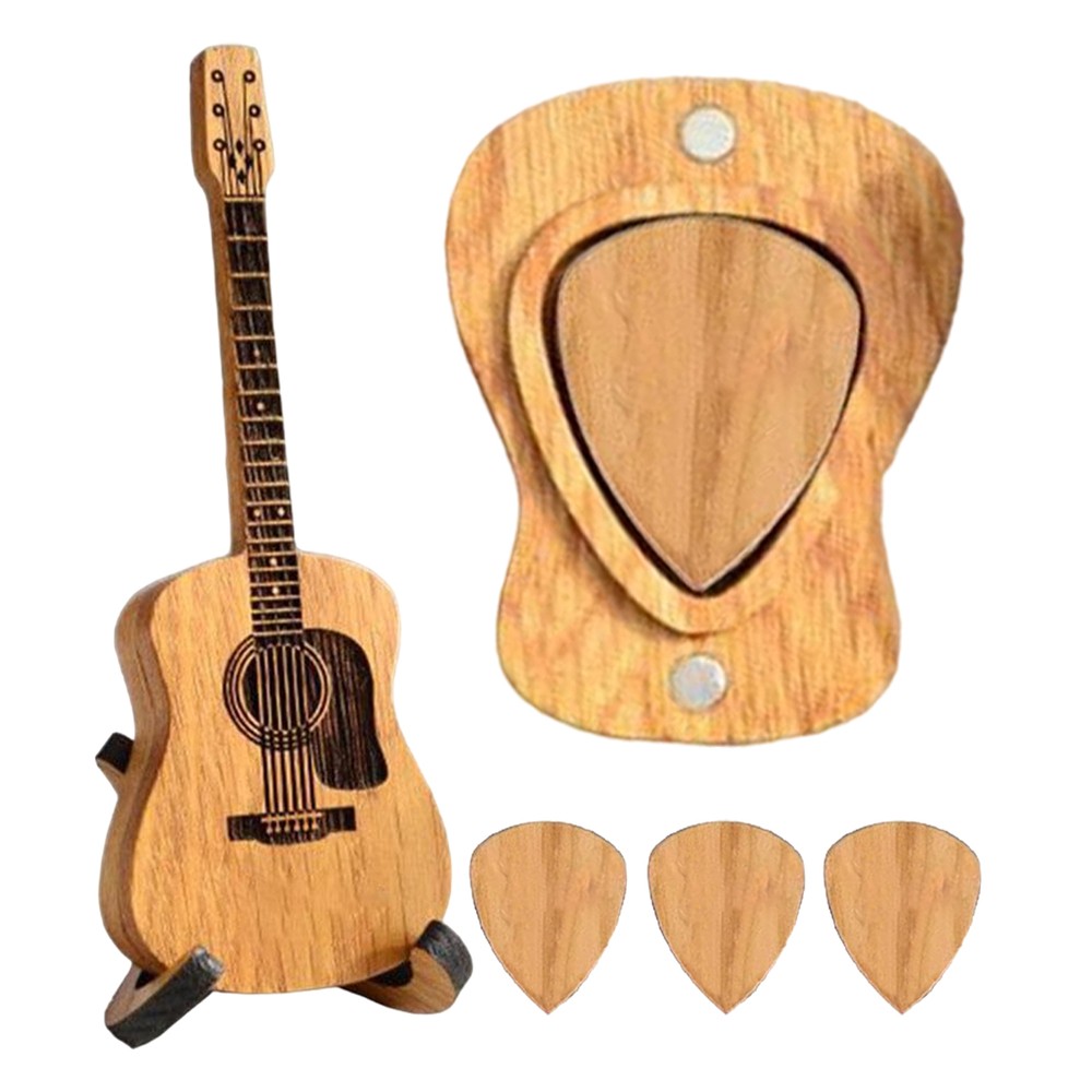 Wooden Acoustic Guitar Pick Box With Stand Portable Picks With 3 Guitar Picks