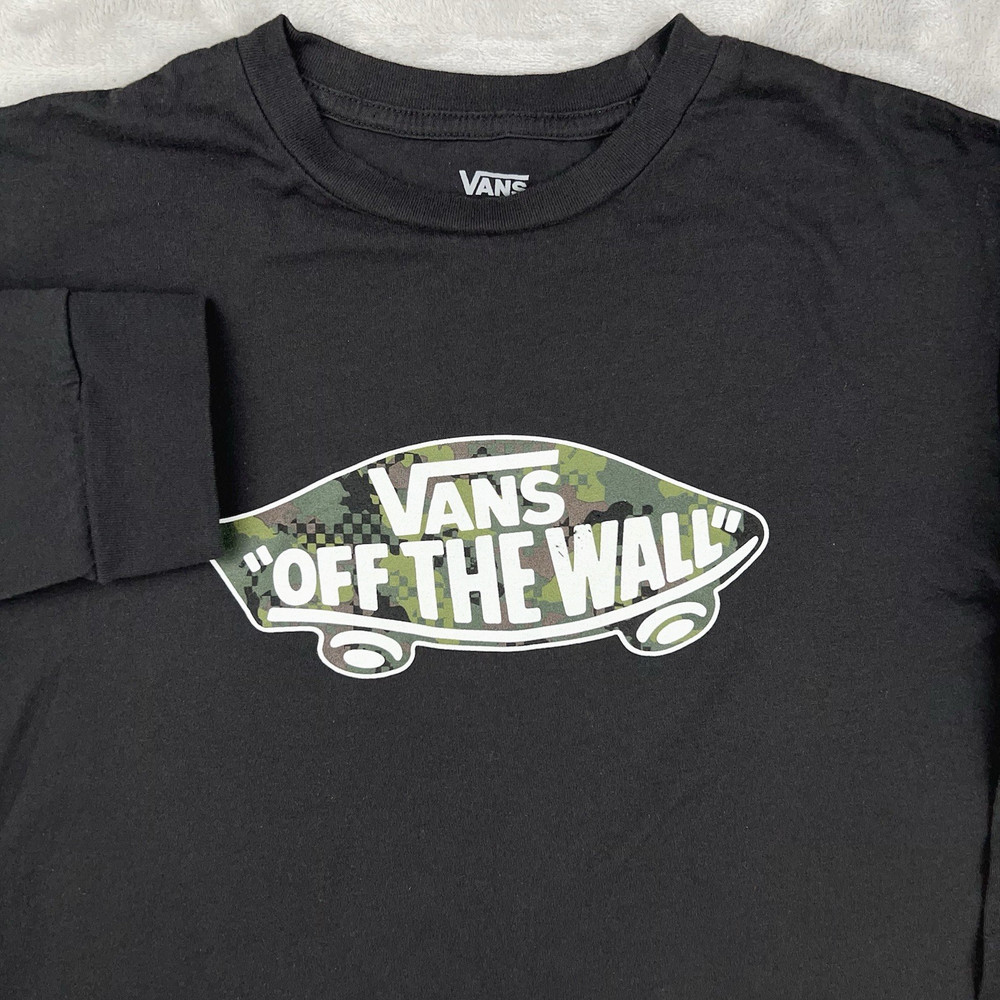 VANS Off The Wall T-Shirt Long Sleeve Kids XL (14) Black Camo Classic Skateboard