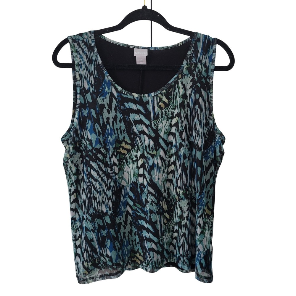 Chico's Women Size L 2 Tank Top Blue Green Abstract Mesh Overlay Sleeveless