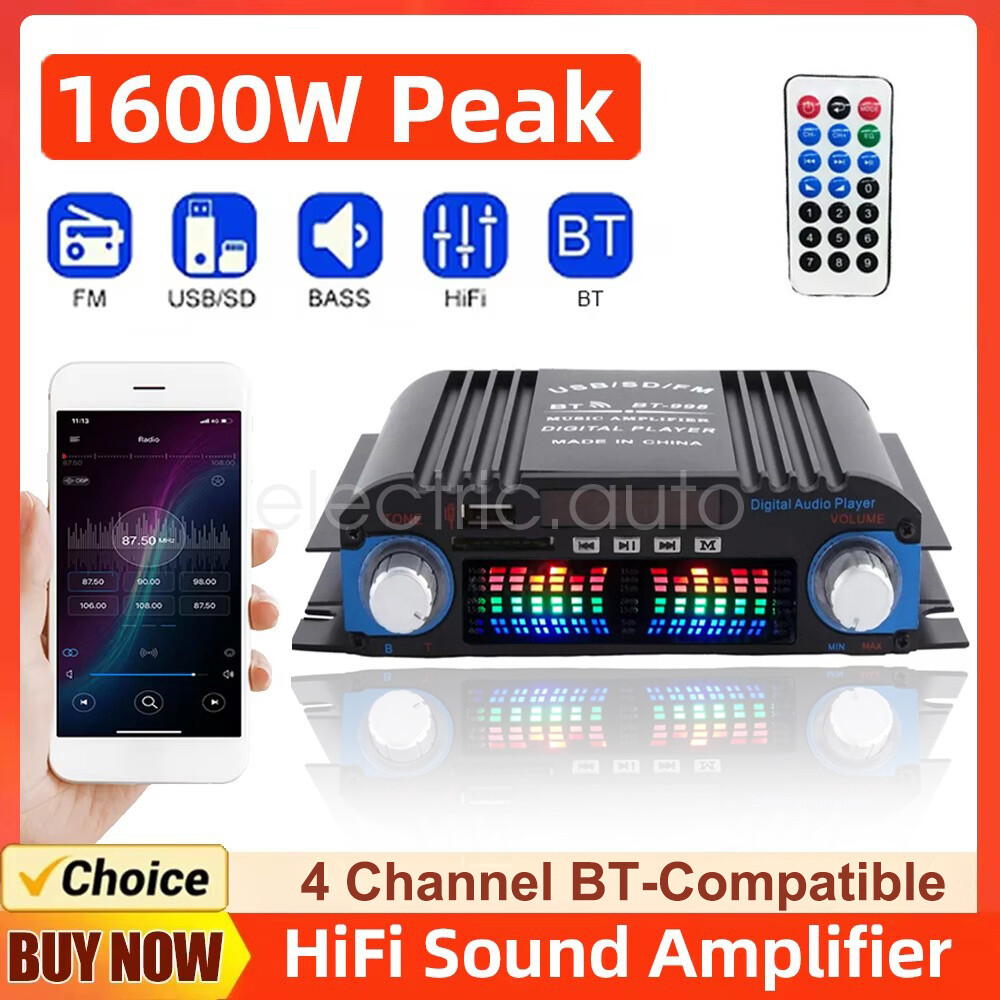1600W 4-Channel Bluetooth Audio Amplifier with FM Radio and Remote for Home or Car