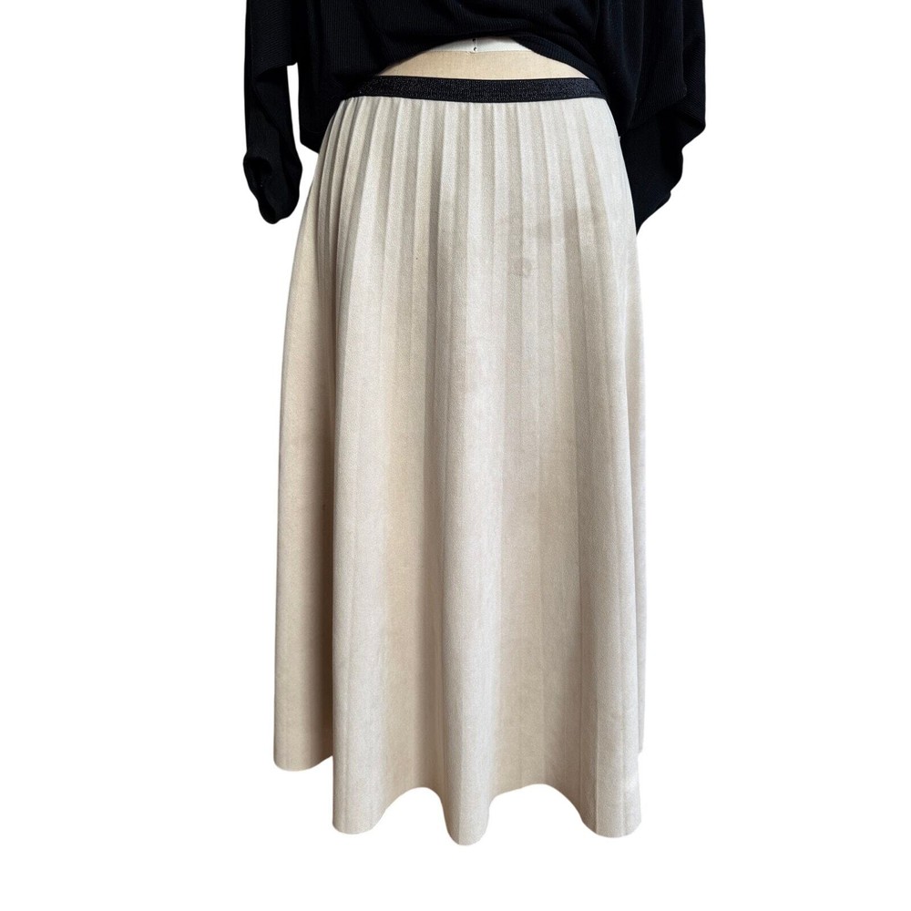 Yal New York Creme Faux Suede Pleated Midi Skirt sz Large EUC