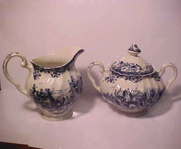 Vintage Johnson Brothers England Blue Coaching Scenes Creamer & Sugar Bowl Set