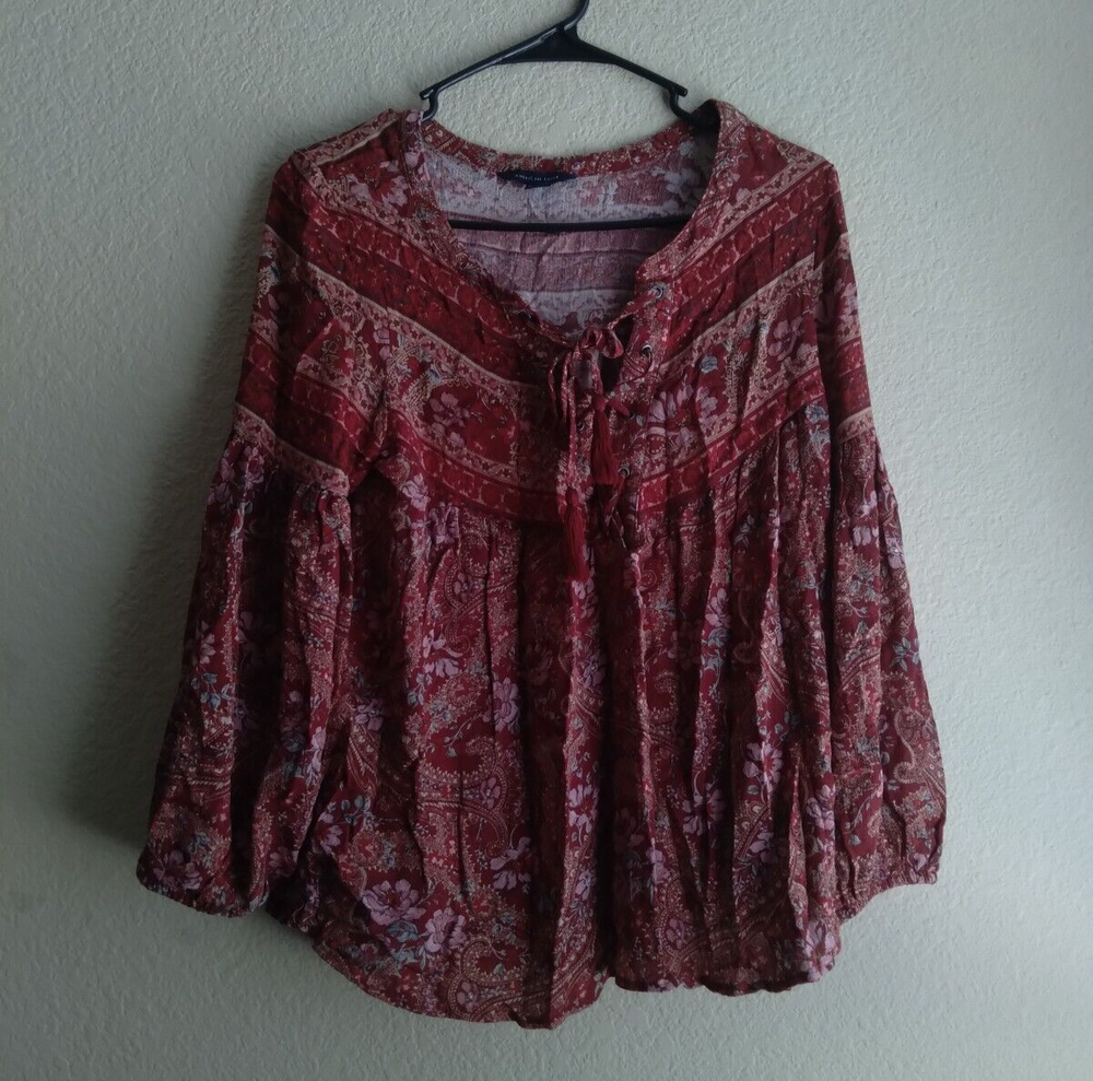 American Eagle Red Paisley Peasant Blouse with Lace-Up Tassel Detail