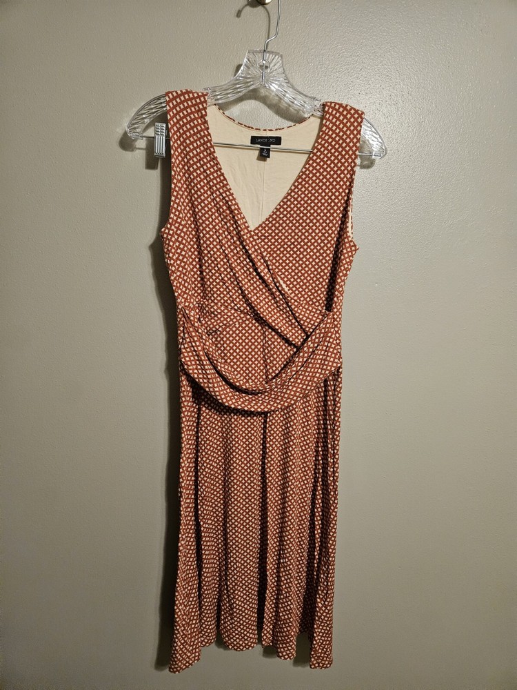 Lands End Womens Dress Medium Sleeveless Orange V-Neck Pleated Ruched A-Line S