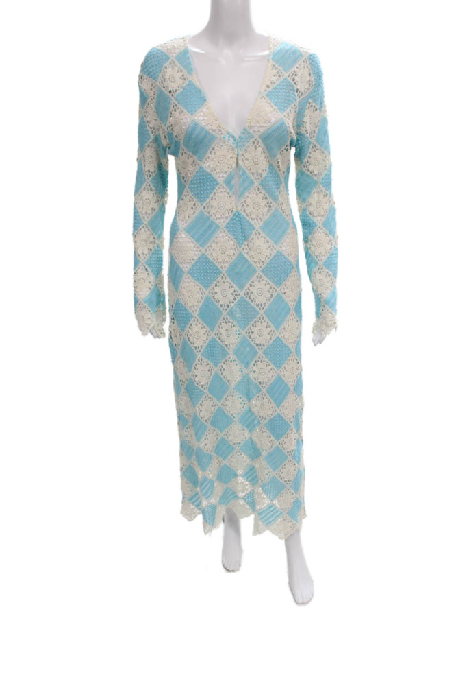 Zara Womens Maxi Dress Blue V-Neck Long Sleeve Argyle Cotton Size SFree Shipping in US $100+ Orders | $6.95 Orders Below