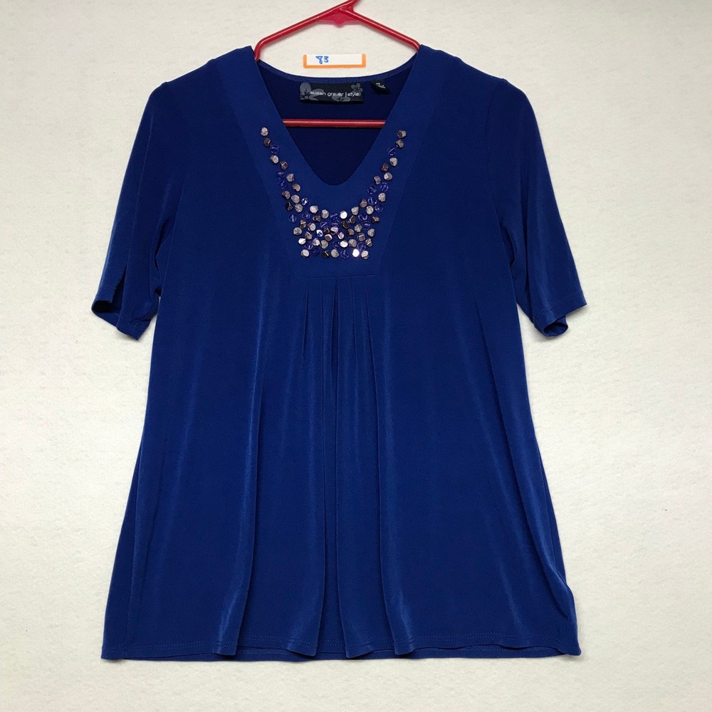 Susan Graver Style Blue Beaded V Neck 3/4 Sleeve Tunic Top XS