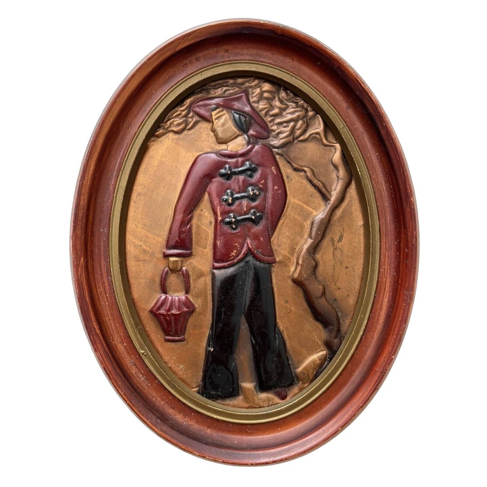 Vintage Antique Copper Plate Art Framed Picture Of Asian Man