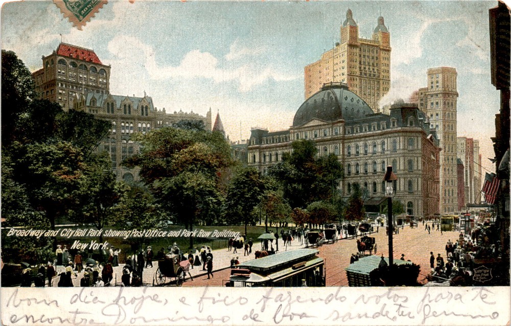 Broadway, City Hall Park, Post Office, Park Row Building, New York Postcard