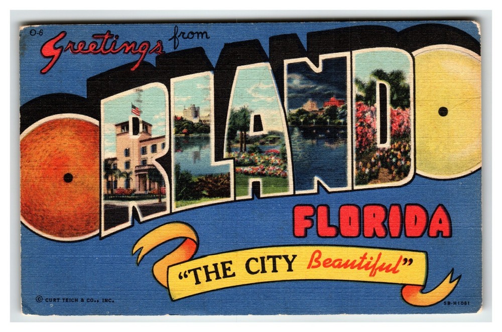 1947 Curt Teich Linen 'Greetings From Orlando Florida' Large Letter Postcard