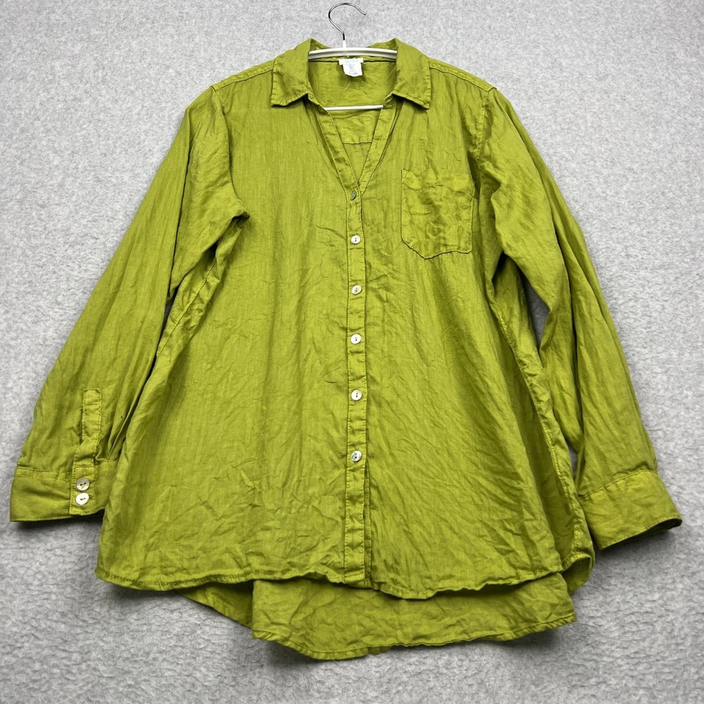 Sigrid Olsen Shirt Women’s Large Green 100% Linen Relaxed Woven Button Up Top