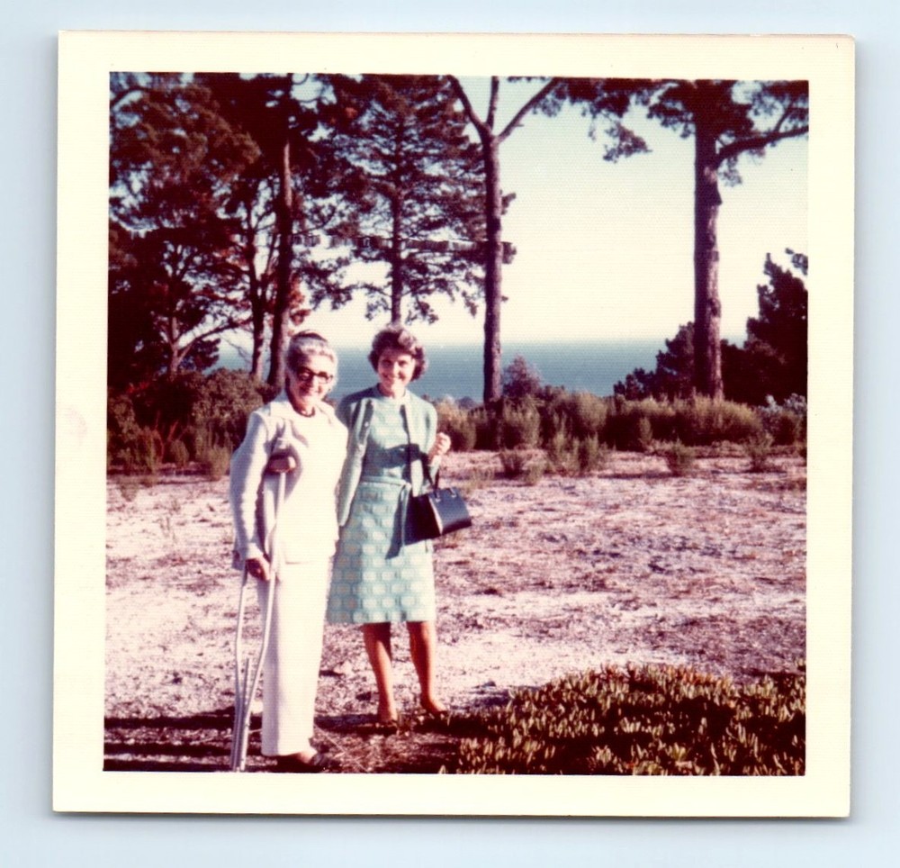 Old Vintage Square Color Photo PAIR OLDER WOMEN DUO CRUTCHES BY OCEAN PIC
