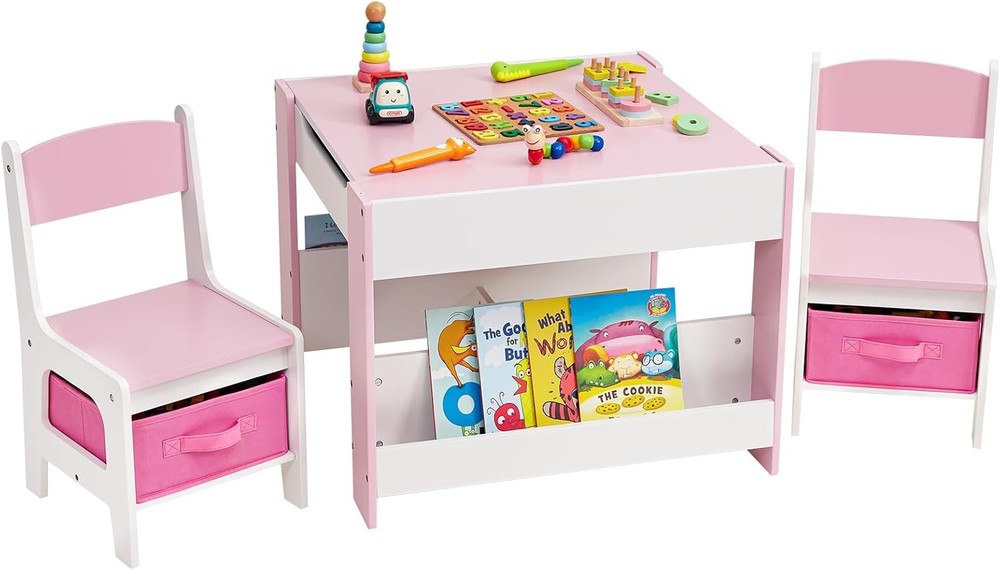 Pink Wooden Kids Table & Chair Set with 2 Chairs for Activities
