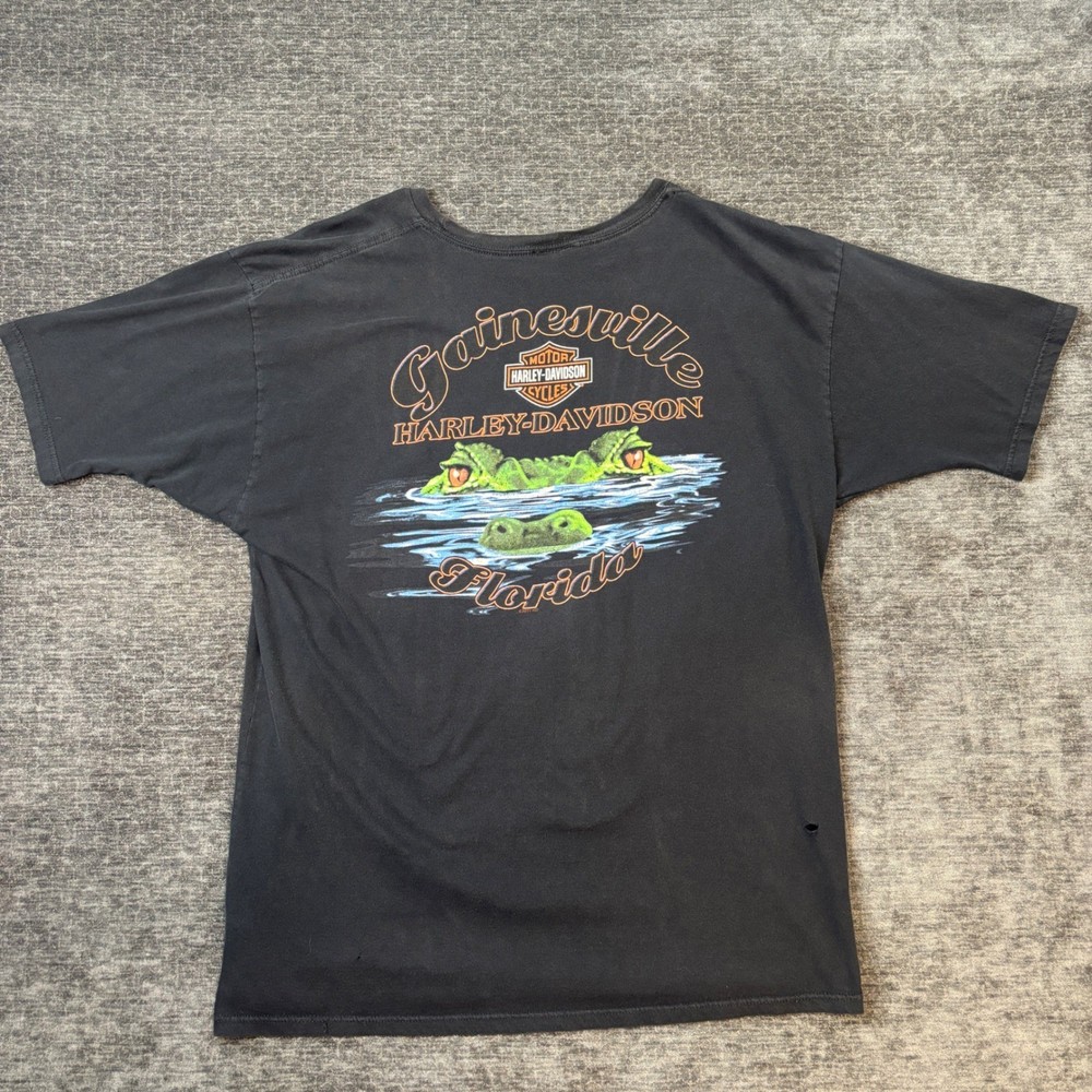 Harley Davidson Gainesville Florida Alligator Graphic T-Shirt Black Mens XXL Y2K