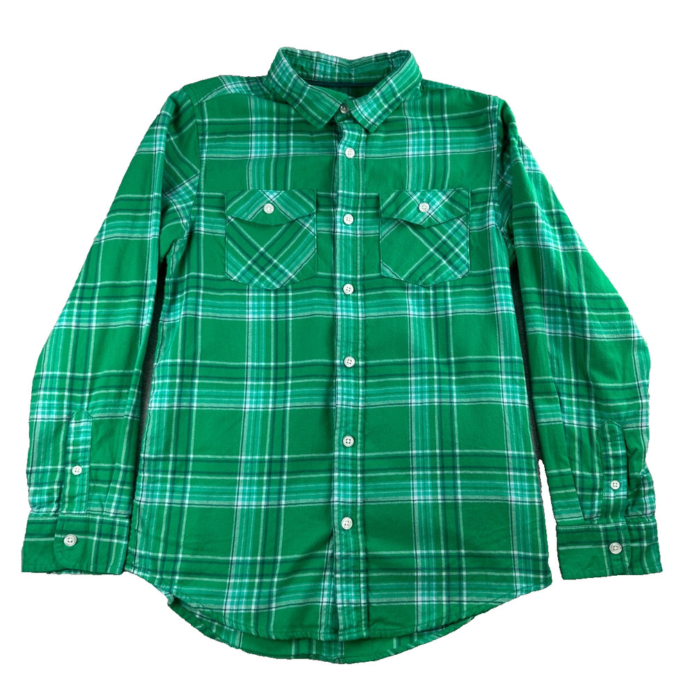 Cat & Jack Boys Long Sleeve Button Down Shirt Green/White Plaid Size L (12/14)