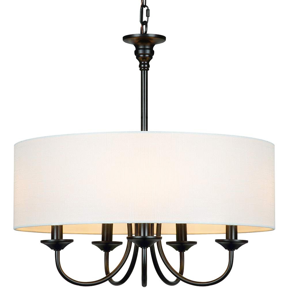 T&A 5-Light White Linen Drum Shade Chandelier with 20-Inch Chain
