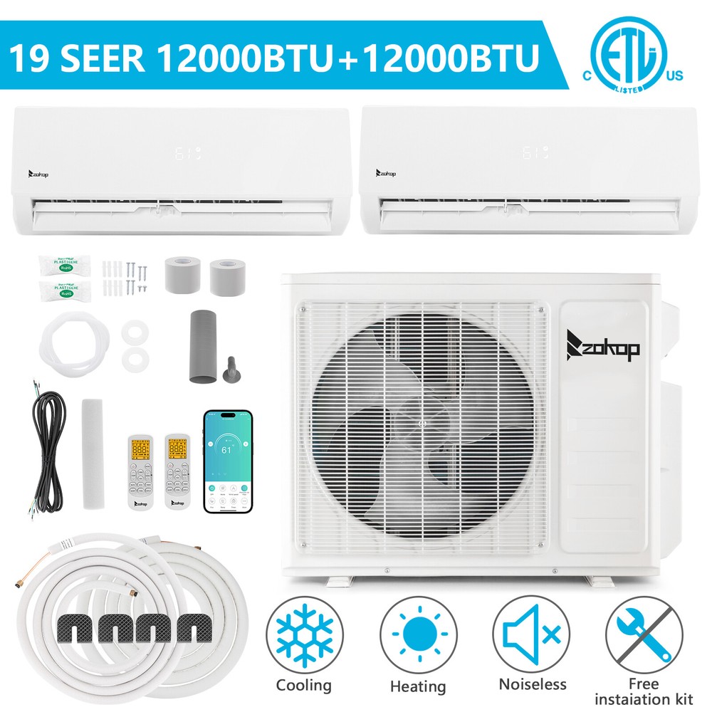 WIFI 18000 BTU Ductless Dual Zone Mini Split Air Conditioner & Heat Pump 19 SEER