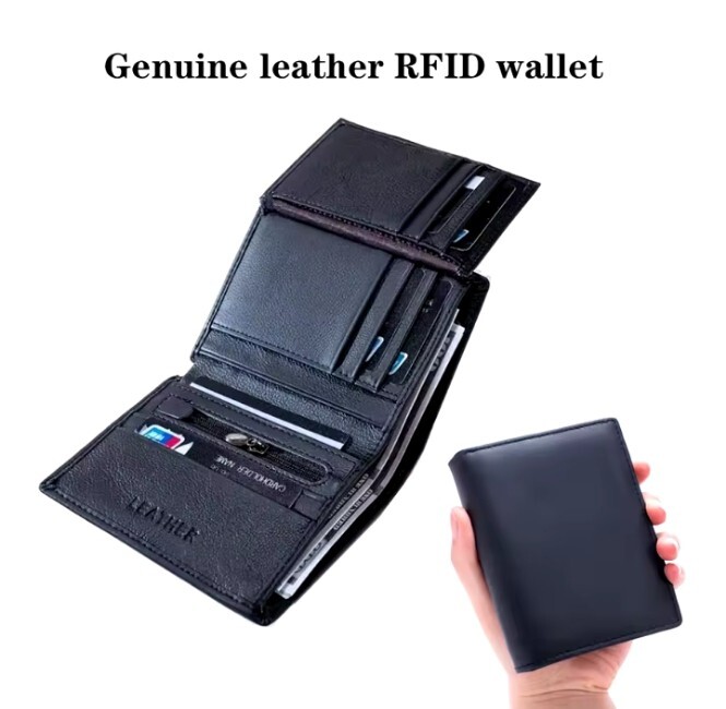 MENS RFID BLOCKING REAL LEATHER BLACK TRIFOLD WALLET CREDIT CARD & ID HOLDER 185