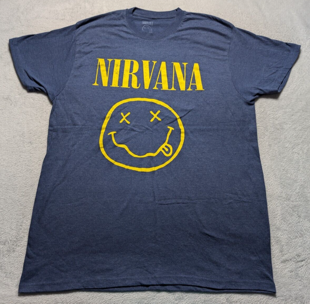 Nirvana Smiley Face Grunge Band T-Shirt XL Blue Vintage Logo