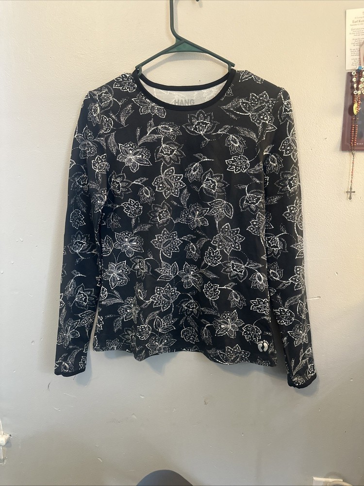 Hang Ten Black White Floral Long Sleeve Top Womens Size S UPF Zip Pocket