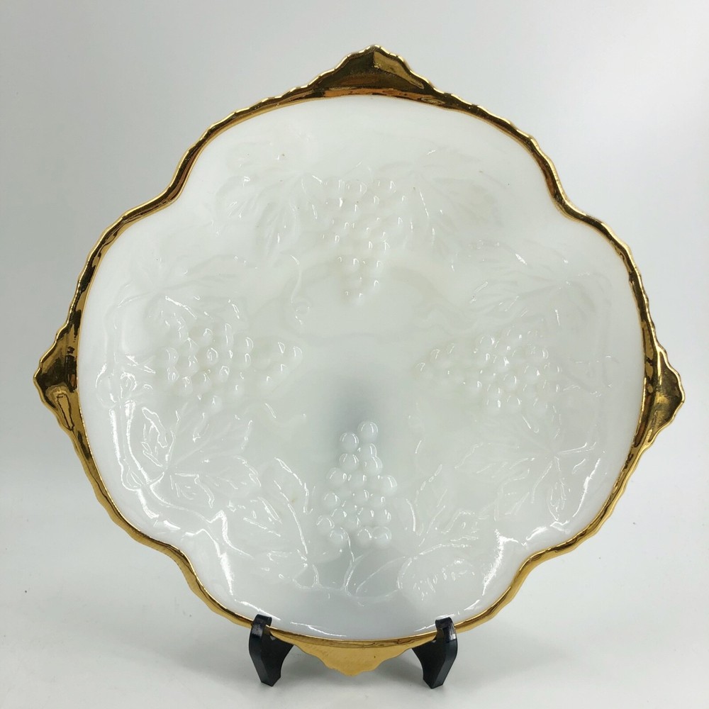 Vintage Anchor Hocking Grapes Leaves Milk Glass Raised Bowl with Gold Rim Trim