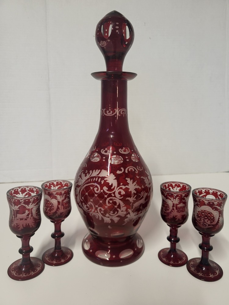 MINT Antique Czech Bohemian Ruby Red Hand Cut to Clear Decanter & Cordials Set