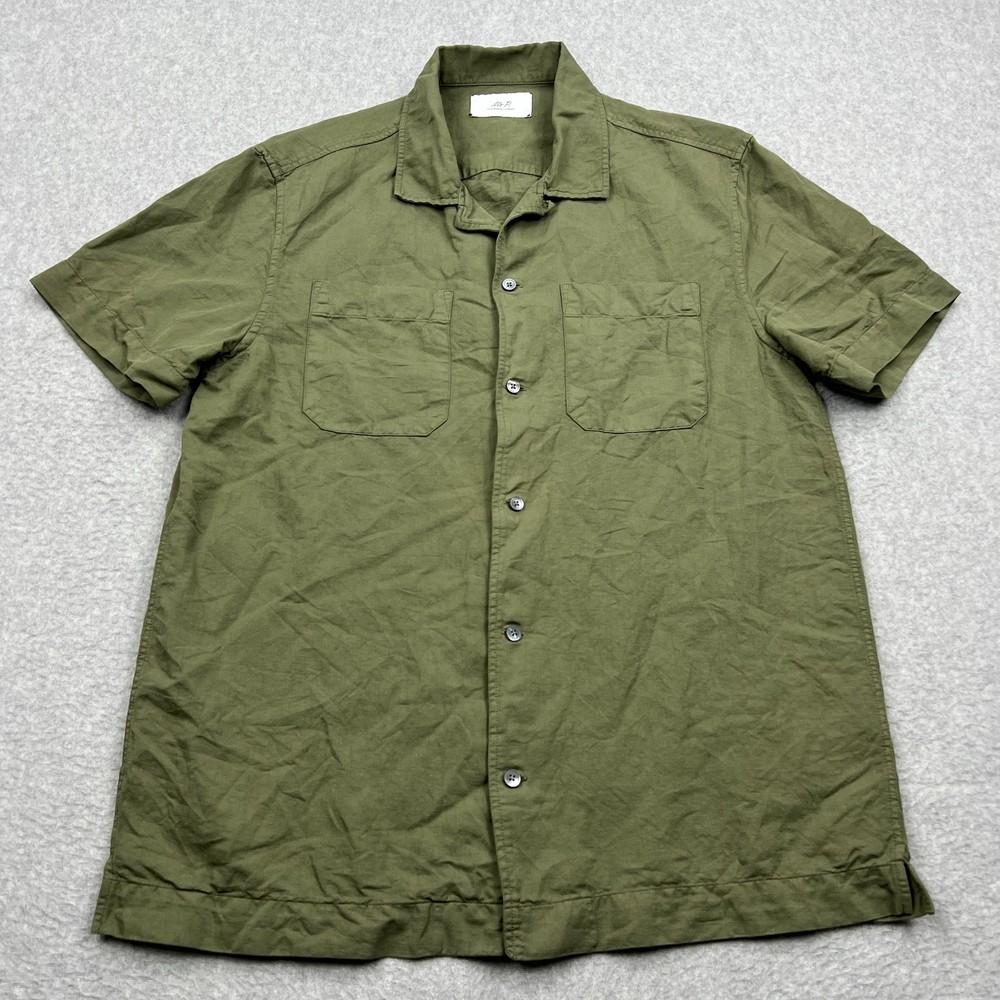Mr P. Shirt Men's Small Green Garment-Dyed Organic Linen Camp Collar Button Up