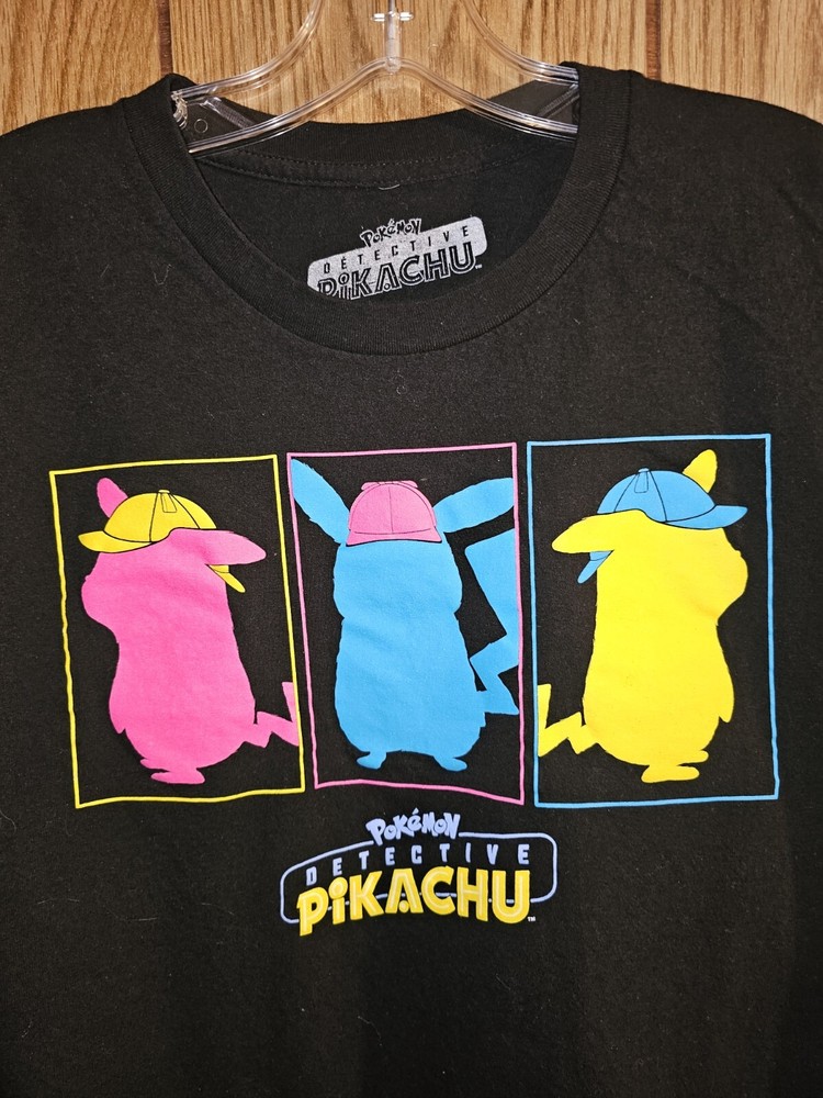 Detective Pikachu Pokemon Movie Large Mens Black Graphic Logo Short Sleeve Tee