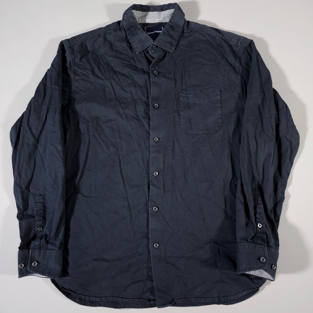 Tommy Bahama Button Down Shirt Mens L Navy Blue Cotton Silk Blend Long Sleeve