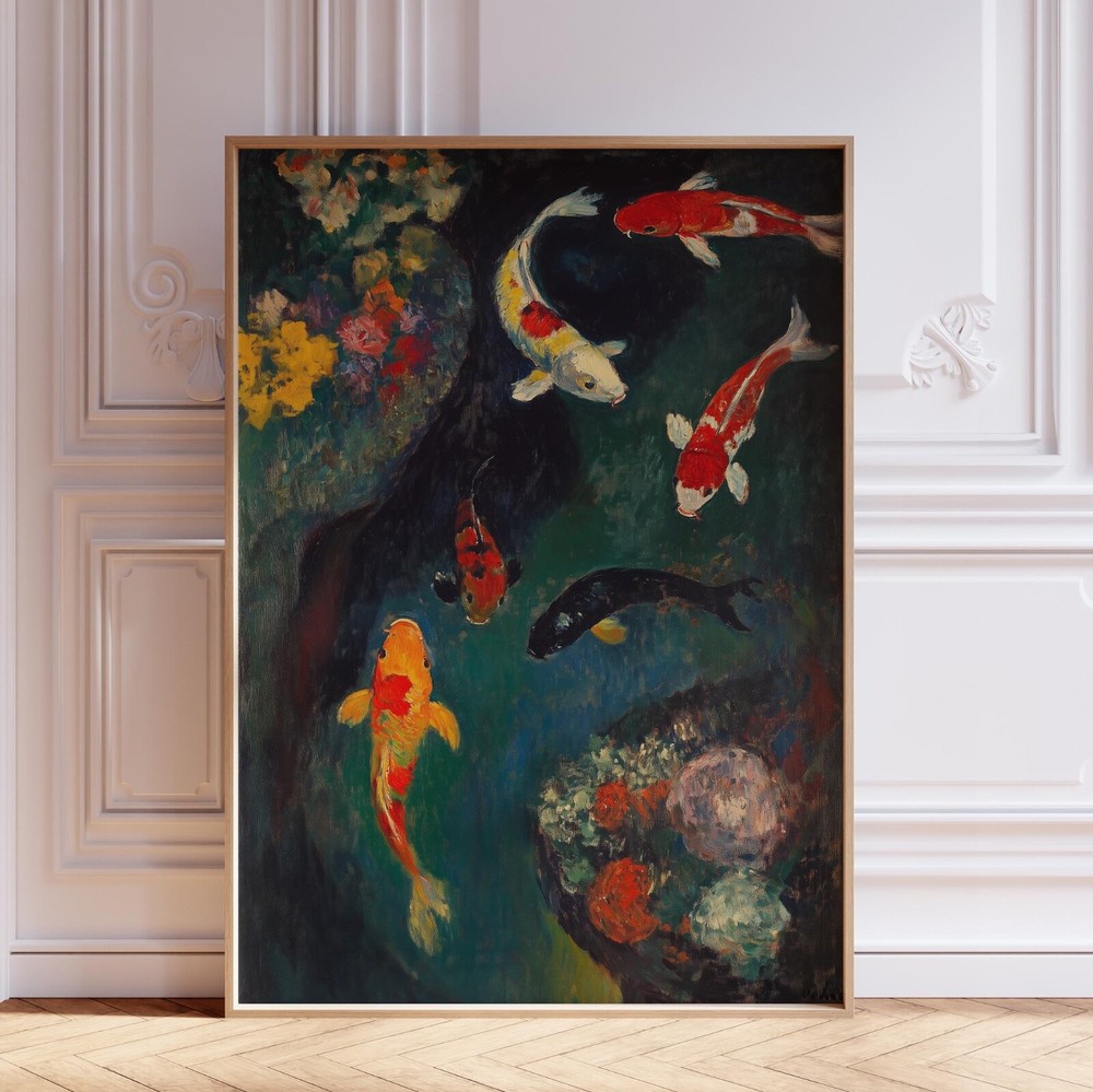 Japanese Koi Fish in Pond Japandi Wall Art Print