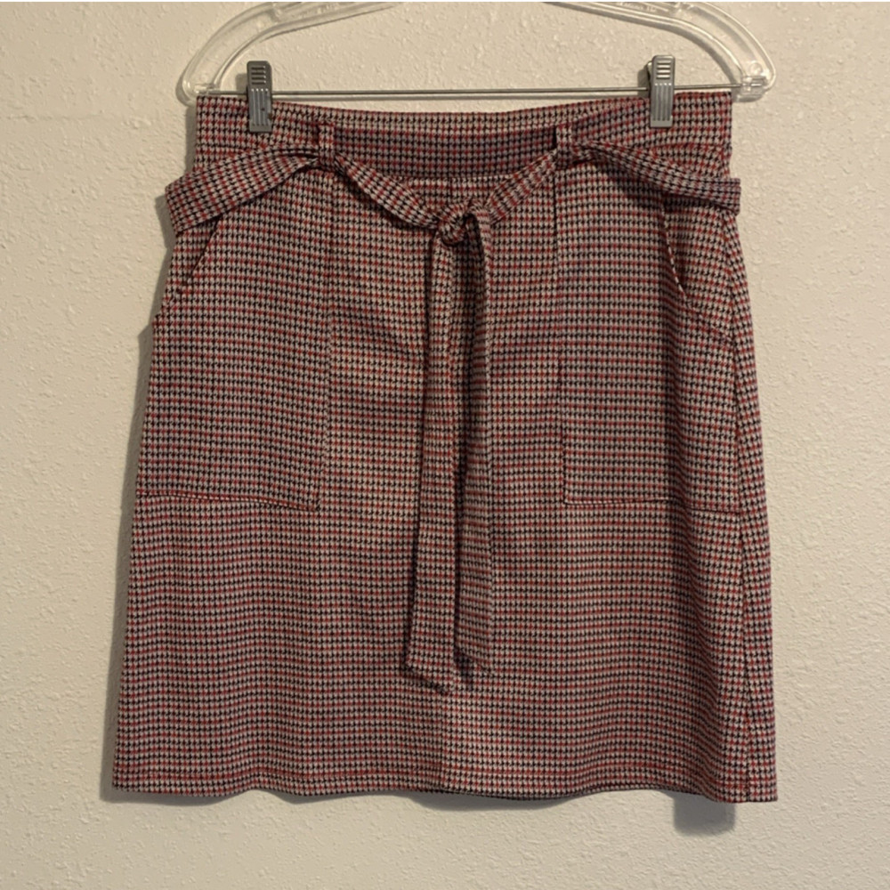 Gilli Red Black White Houndstooth Tie Waist A-Line Short Skirt Women M
