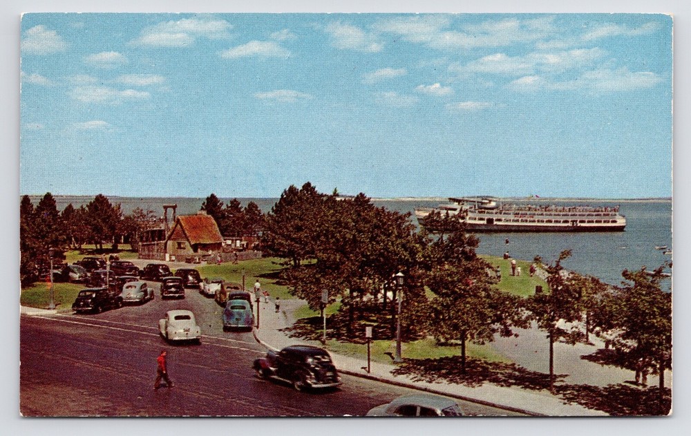 c1940s~Plymouth Massachusetts MA~Pilgrim House~Harbor~Boat~Cars~Vintage Postcard