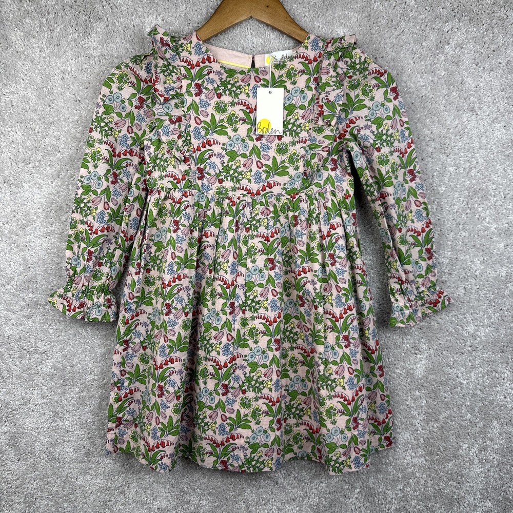 Mini Boden Girl’s Long Sleeve Frill Tiered Dress Dusky Pink Wildflower Size 7-8