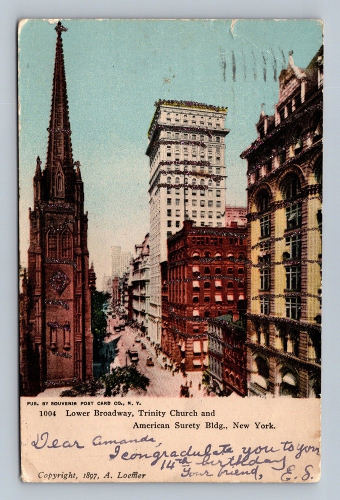 1897 Lower Broadway Trinity Church & American Surety Bldg Postcard