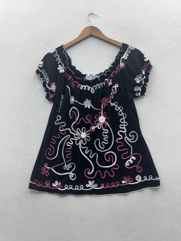 Lauren Michelle Women’s Large Blouse Black Floral Boho Embroidered Short Sleeve